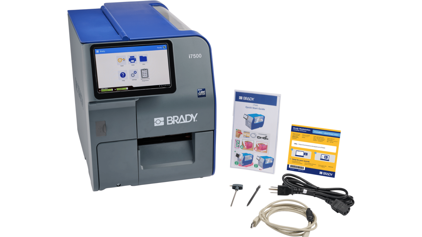 Industrial label printer with touchscreen display and accessories for commercial label printing and high-volume packaging operations.